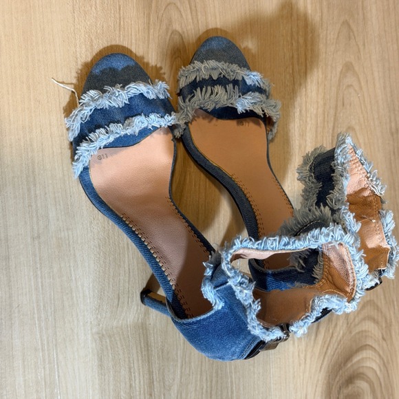 Blue Frayed Denim 6.5 Euro 37 Stiletto Sandals Ankle Strap Back Zip Heels - Picture 7 of 10